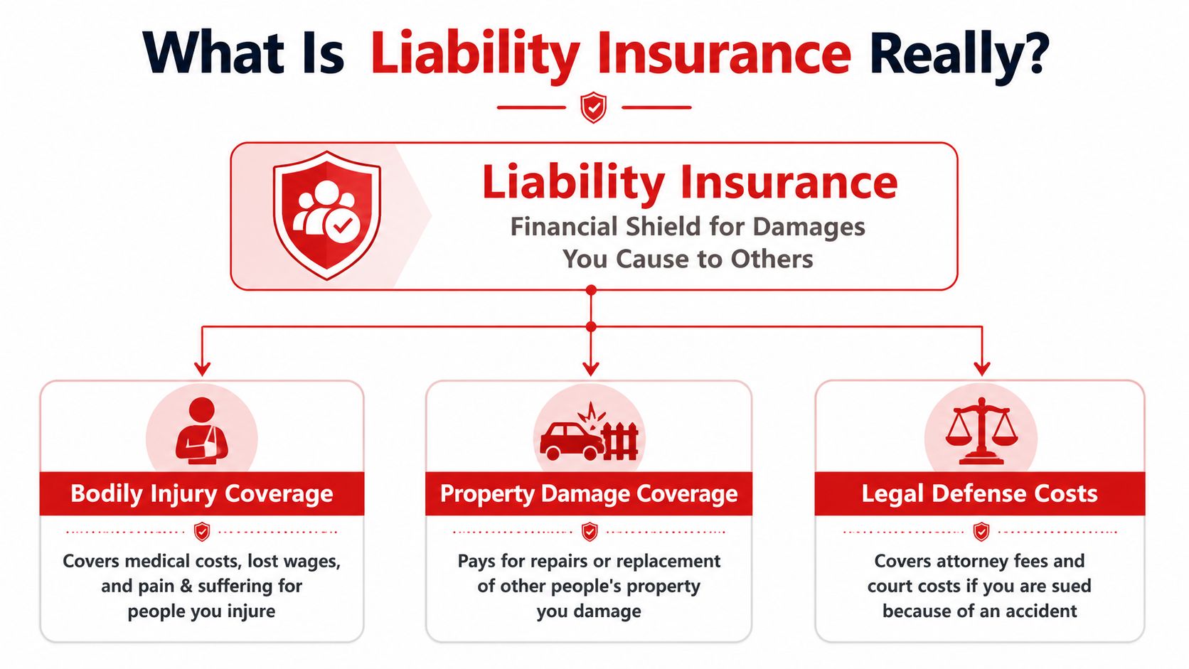 A diagram explaining liability insurance covering bodily injury, property damage, and legal defense costs for accidents.