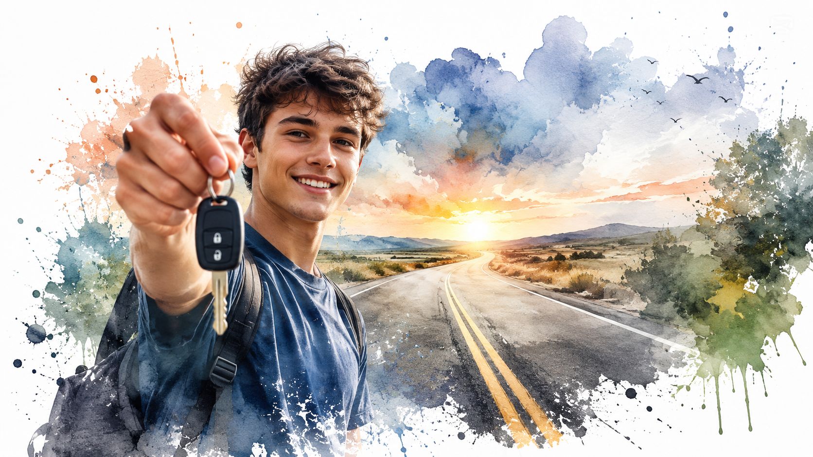 A young man smiling while holding out a car key with a scenic road landscape in background.