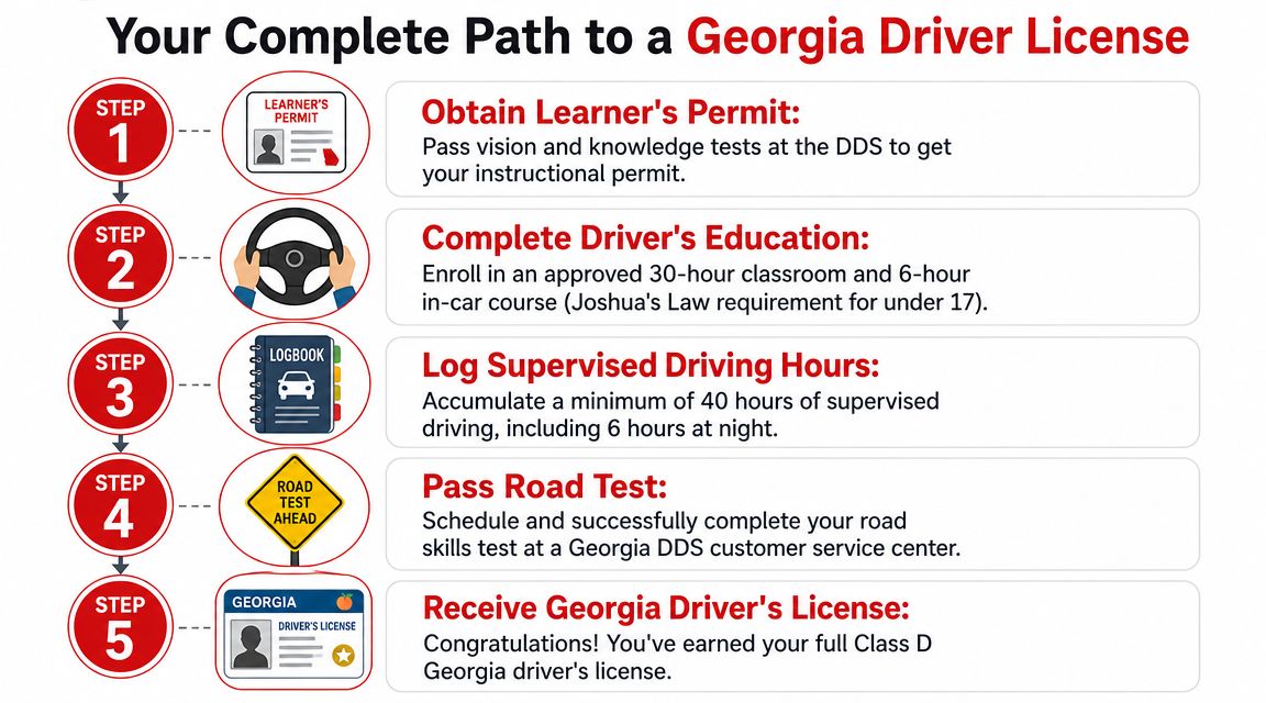 A five-step infographic showing the process for obtaining a Georgia driver's license from permit to issuance.
