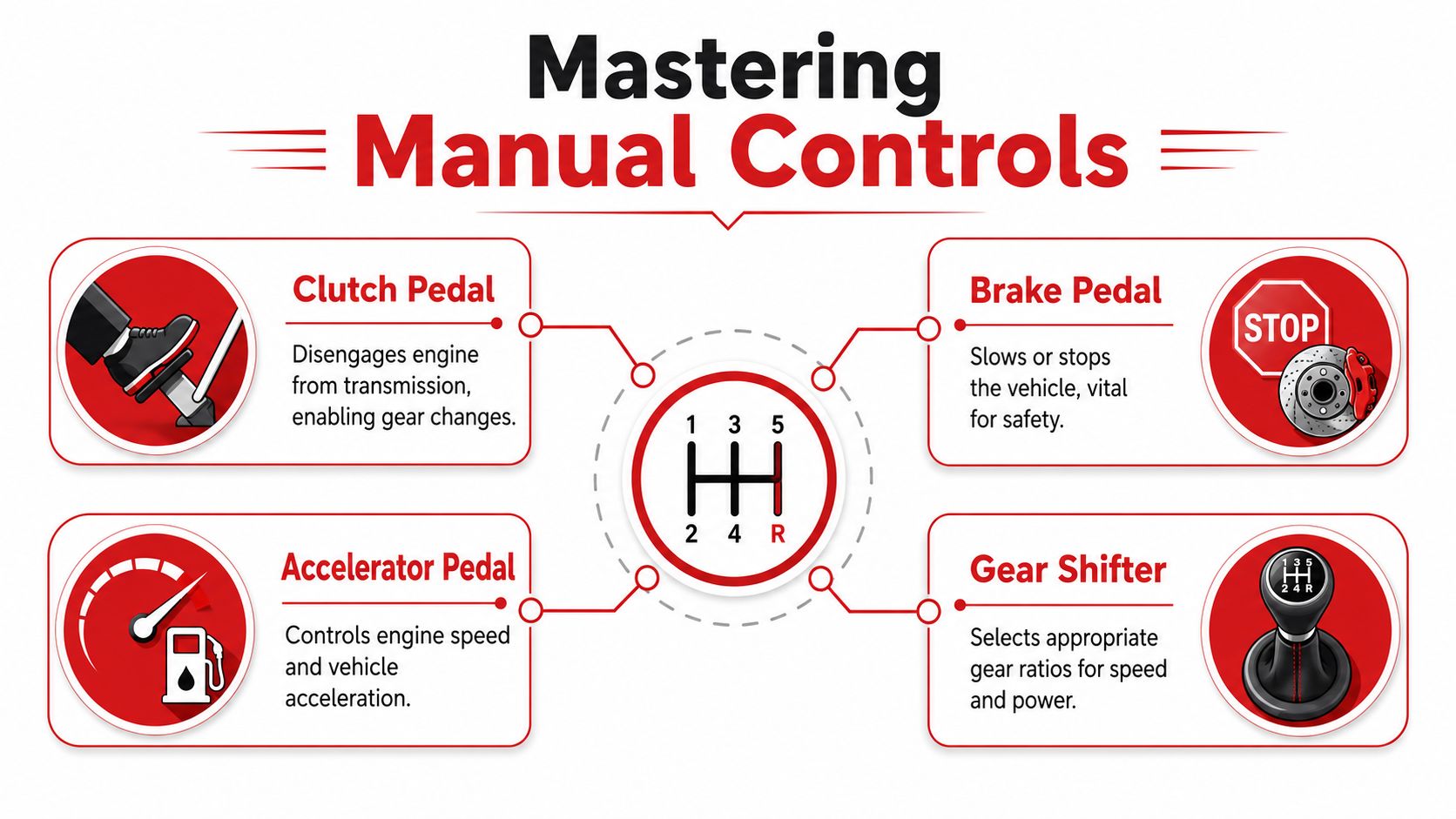 An educational infographic illustrating the four essential manual transmission controls in a vehicle with descriptive labels.