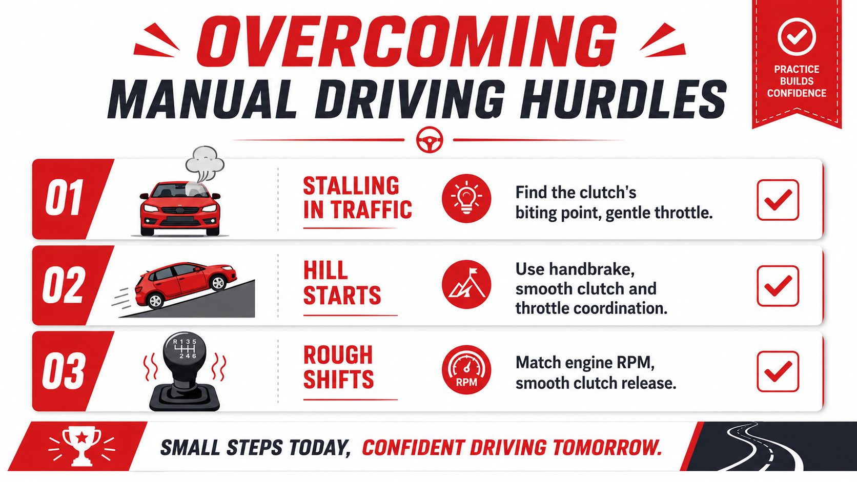 An infographic titled Overcoming Manual Driving Hurdles showing solutions for stalling, hill starts, and rough gear shifts.