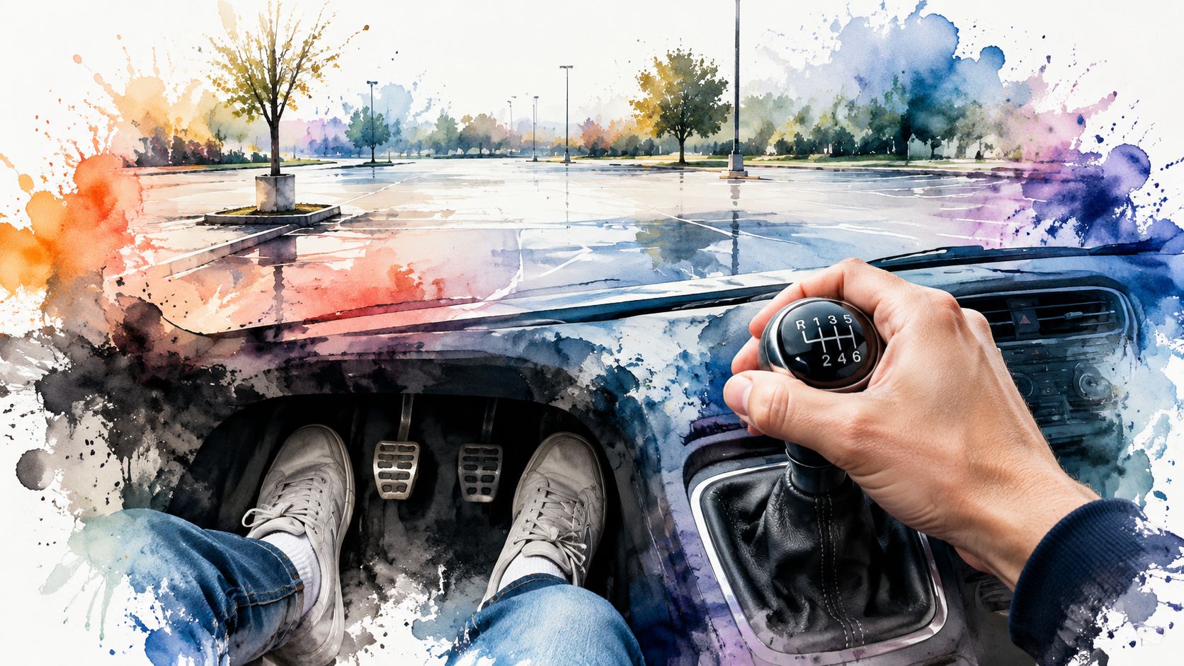 A first-person view from inside a car showing a person shifting gears with a manual transmission.