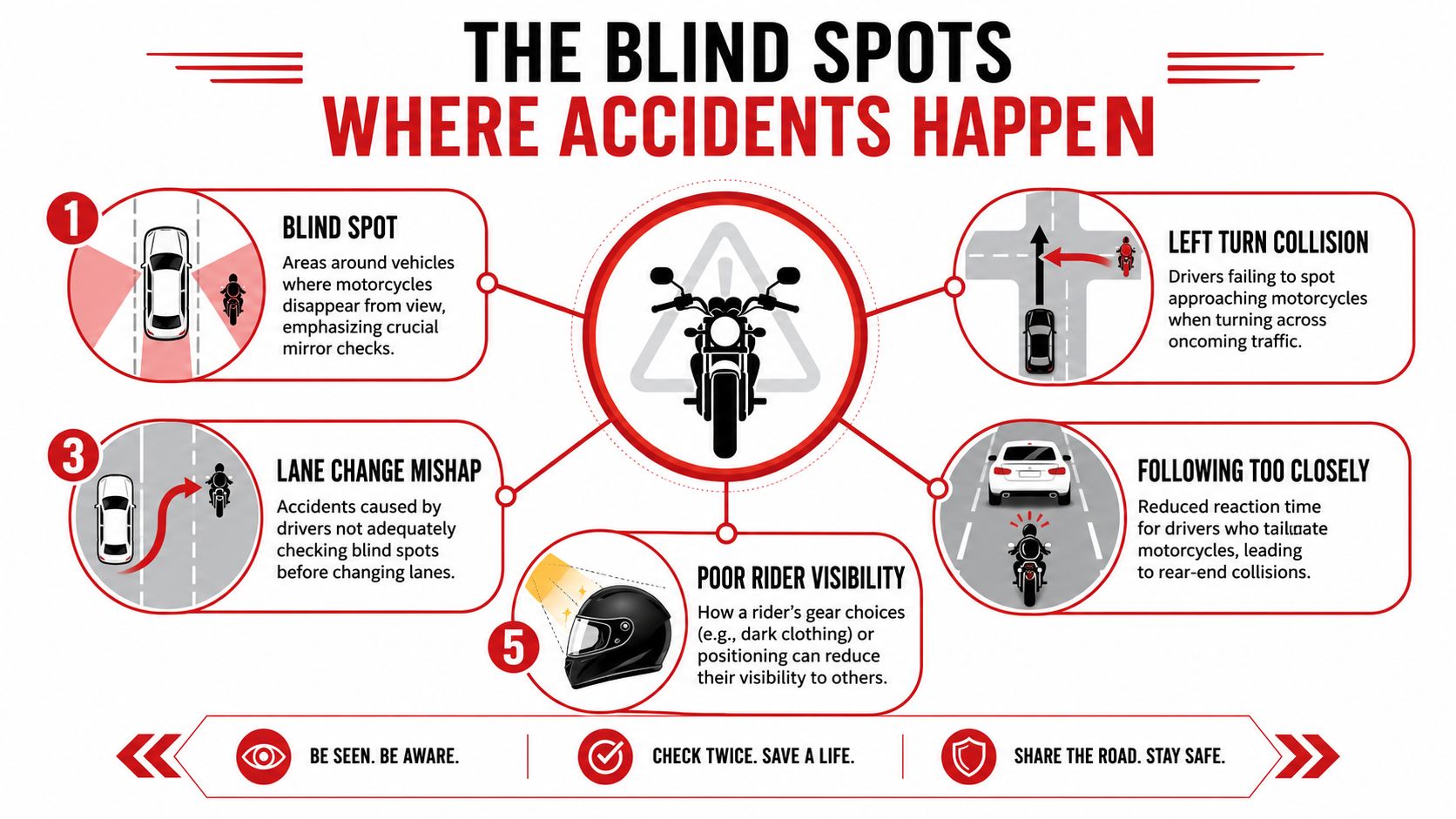 An infographic illustrating five common scenarios where motorcycles are involved in accidents due to poor visibility.