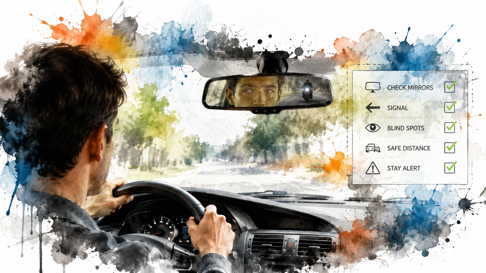 A driver focused on the road with a checklist visualizing essential safety practices for motorcycle awareness.