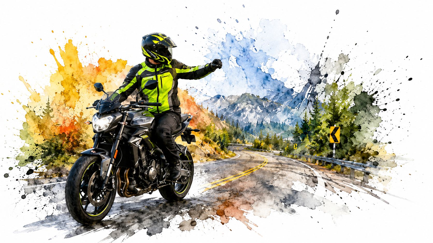 A motorcyclist in high-visibility gear rides a sport bike on a scenic winding road in the mountains.