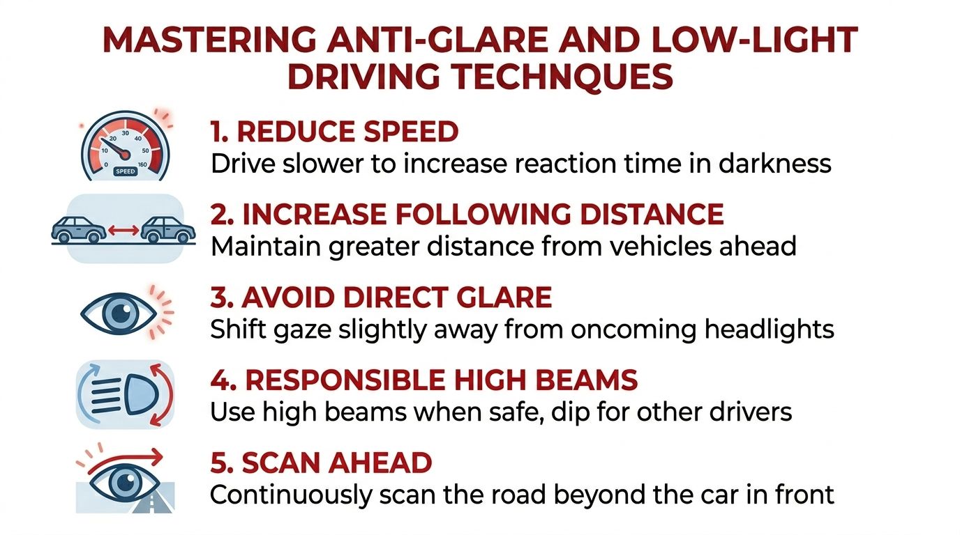A driving safety infographic with five tips for managing glare and low-light visibility on the road.