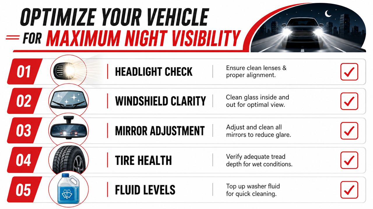 A five-step infographic showing how to optimize your vehicle for better night time driving visibility.