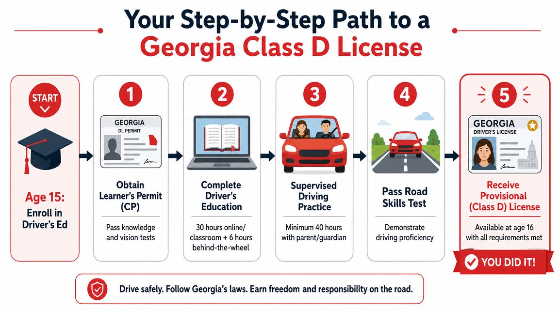 An infographic showing the five-step process to obtaining a Georgia Class D driver license for teens.