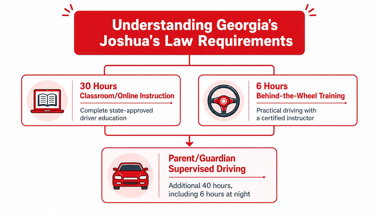 An infographic detailing Georgia's Joshua's Law requirements for teen drivers including instruction, behind-the-wheel, and supervised driving hours.