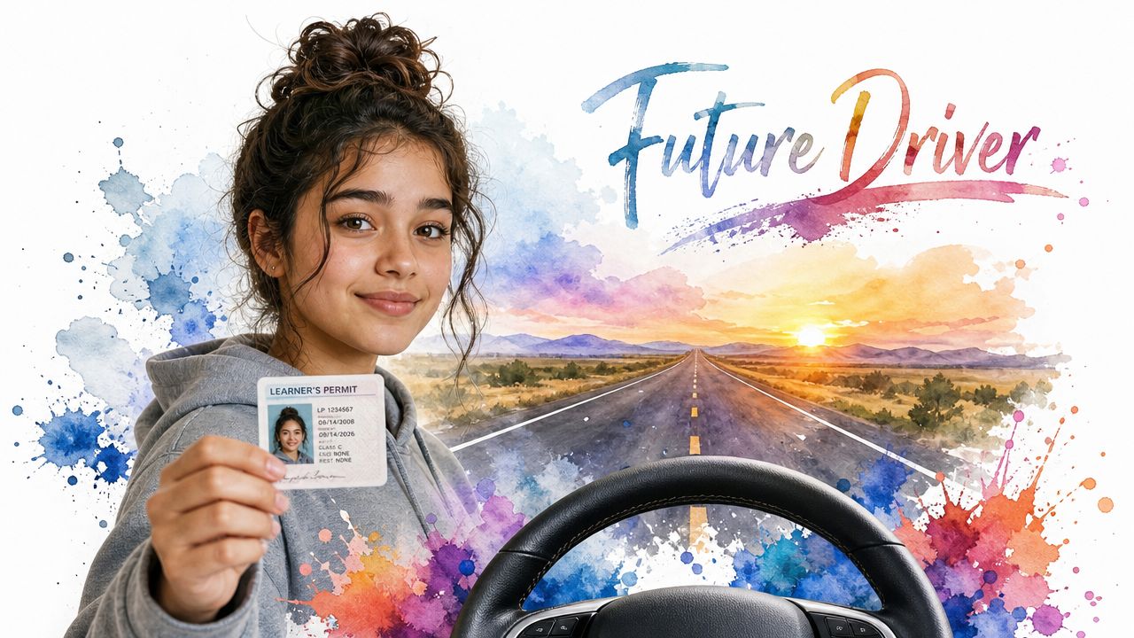 A happy teen holding her new learner's permit with a steering wheel and scenic road background.