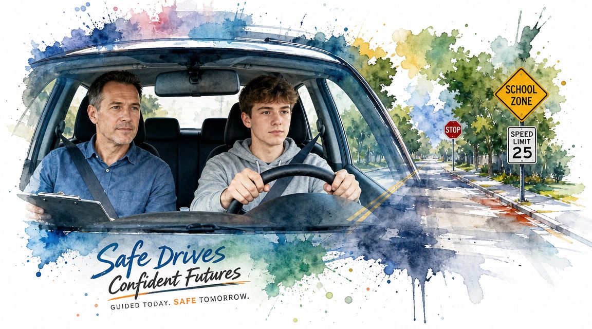 A driving instructor sits with a teenager learning to drive in a car near a school zone.