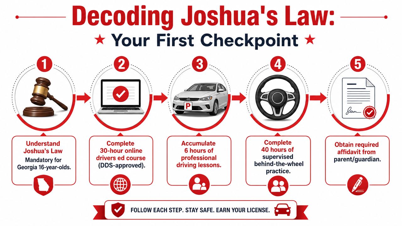 A step-by-step infographic titled Decoding Joshua's Law outlining requirements for Georgia 16-year-old drivers to obtain a license.