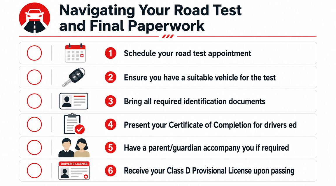 A checklist infographic titled Navigating Your Road Test and Final Paperwork showing six steps for new drivers.