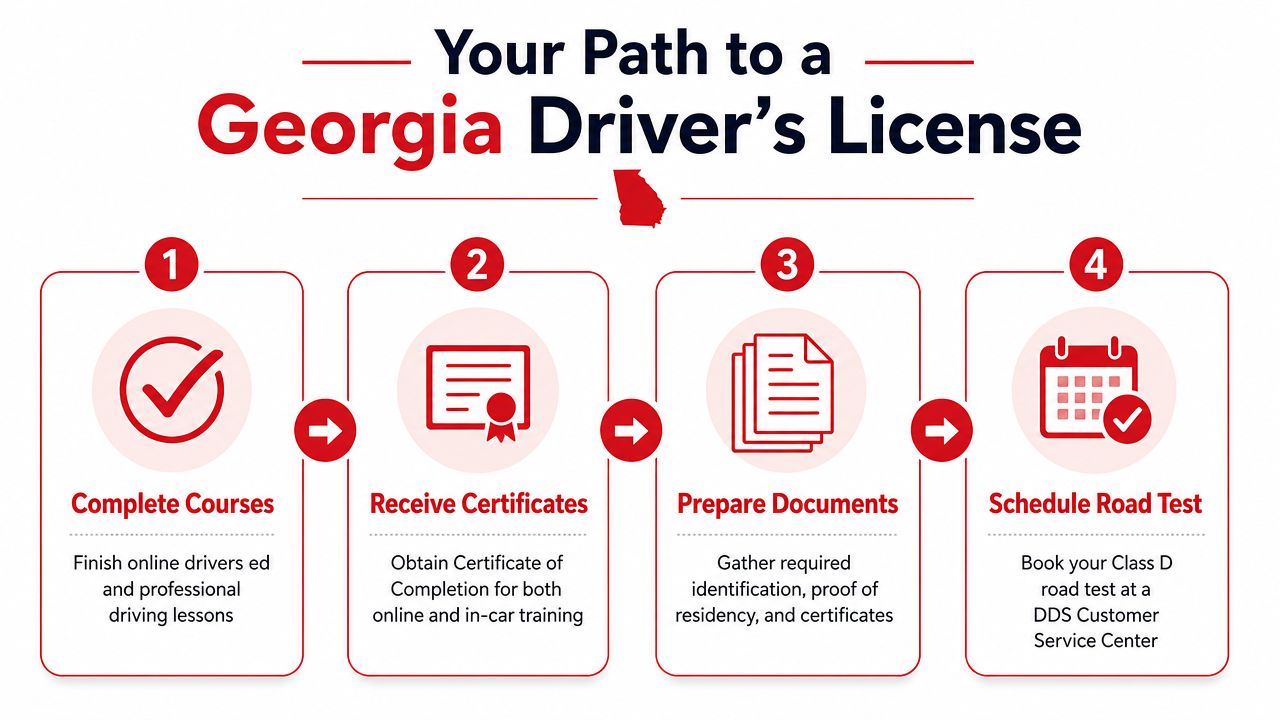A four-step infographic illustrating the required process to obtain a Georgia driver's license for new drivers.