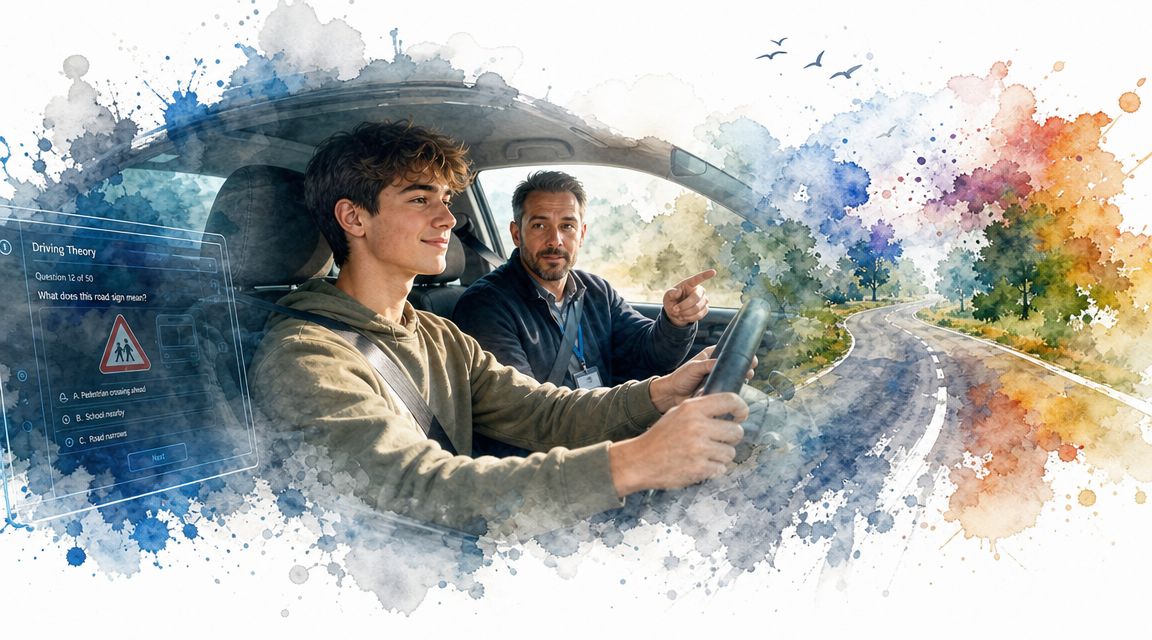 A young teenager learning to drive with an instructor, viewed through a digital overlay of theory questions.