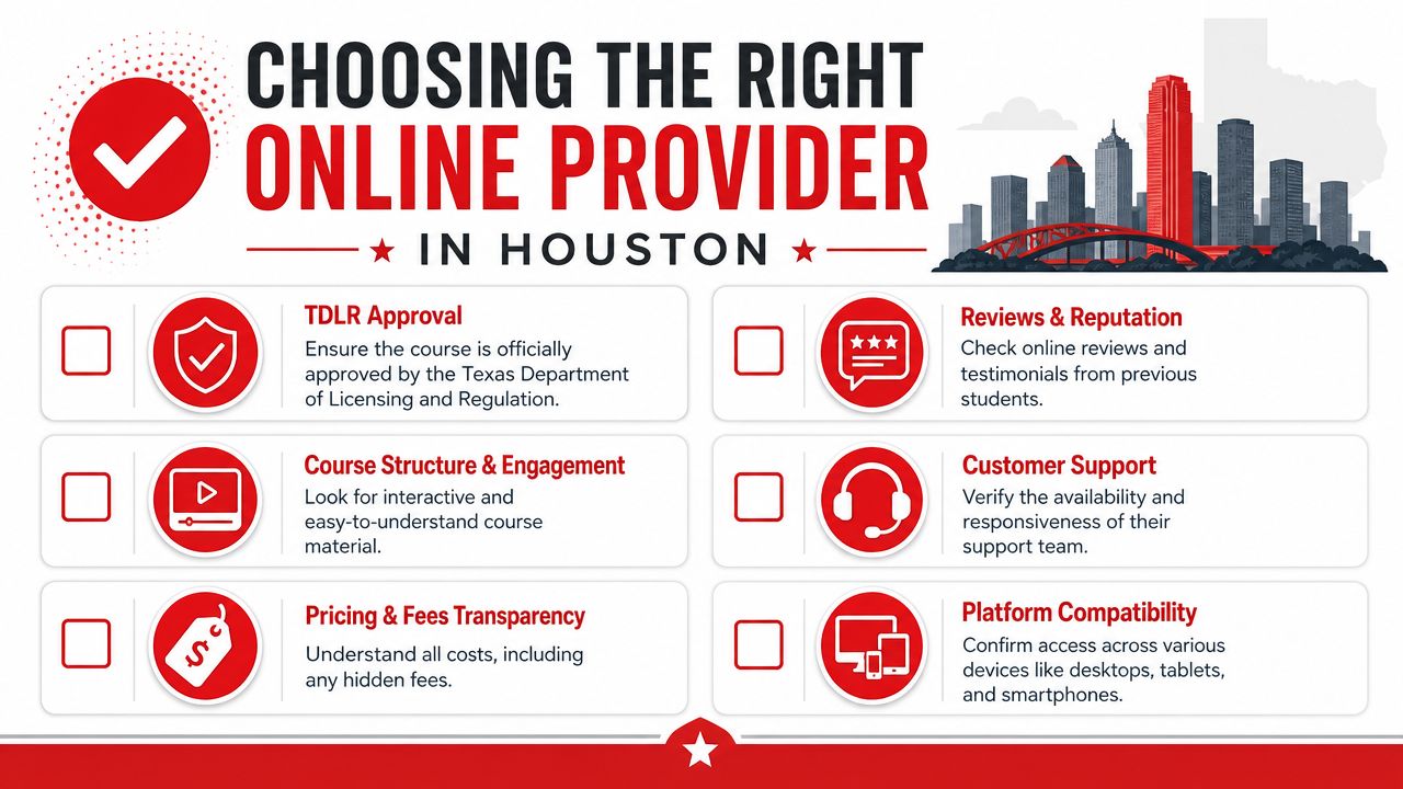 An infographic checklist guiding students on how to choose the right online drivers education provider in Houston.