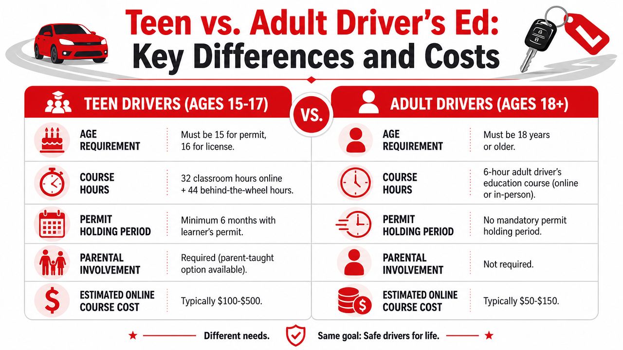 A comparison chart outlining key differences and costs between teen and adult driver education programs.