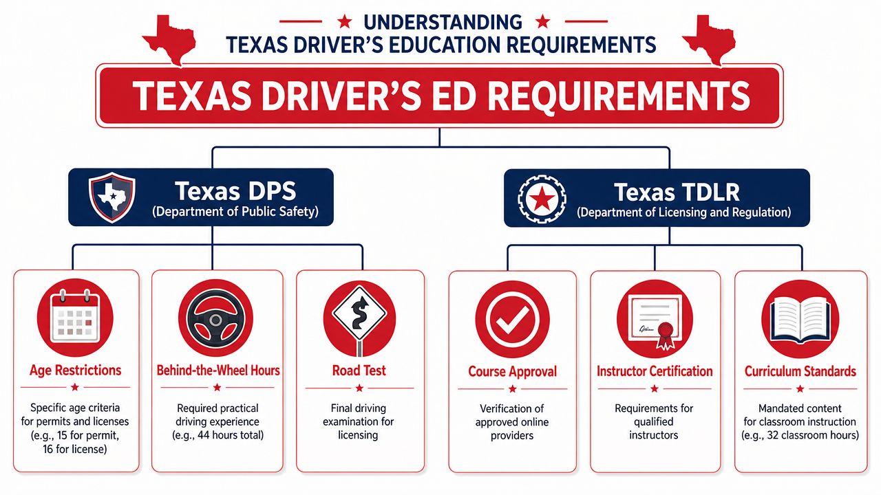 An organizational chart showing Texas driver education requirements overseen by the Texas DPS and Texas TDLR.