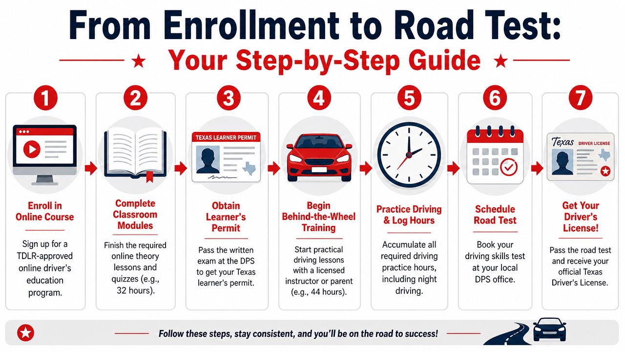 A step-by-step infographic showing the seven stages to obtain a Texas driver license.
