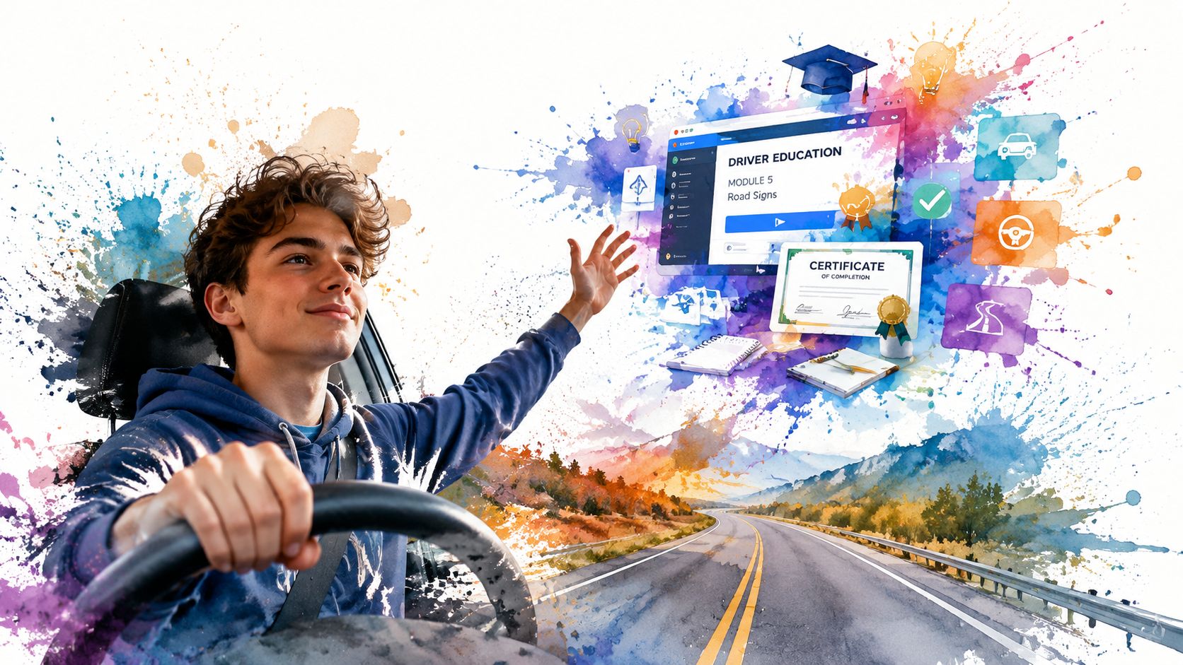 A young man driving a car while visualizing his online driver education progress and certificate completion.