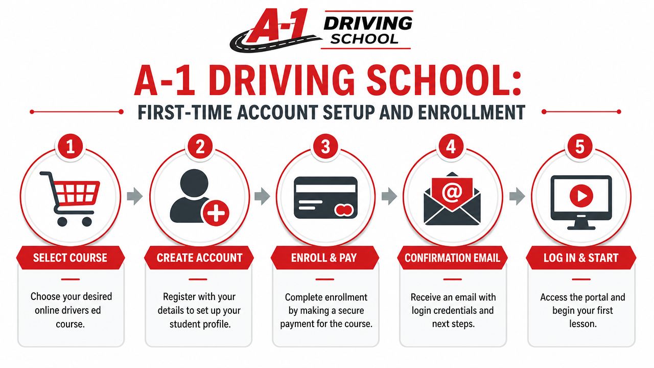 A five-step infographic showing the A-1 Driving School account setup and online course enrollment process.