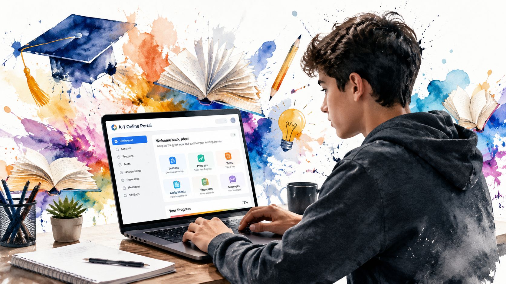 A young student using a laptop to access an online portal for their educational learning journey.