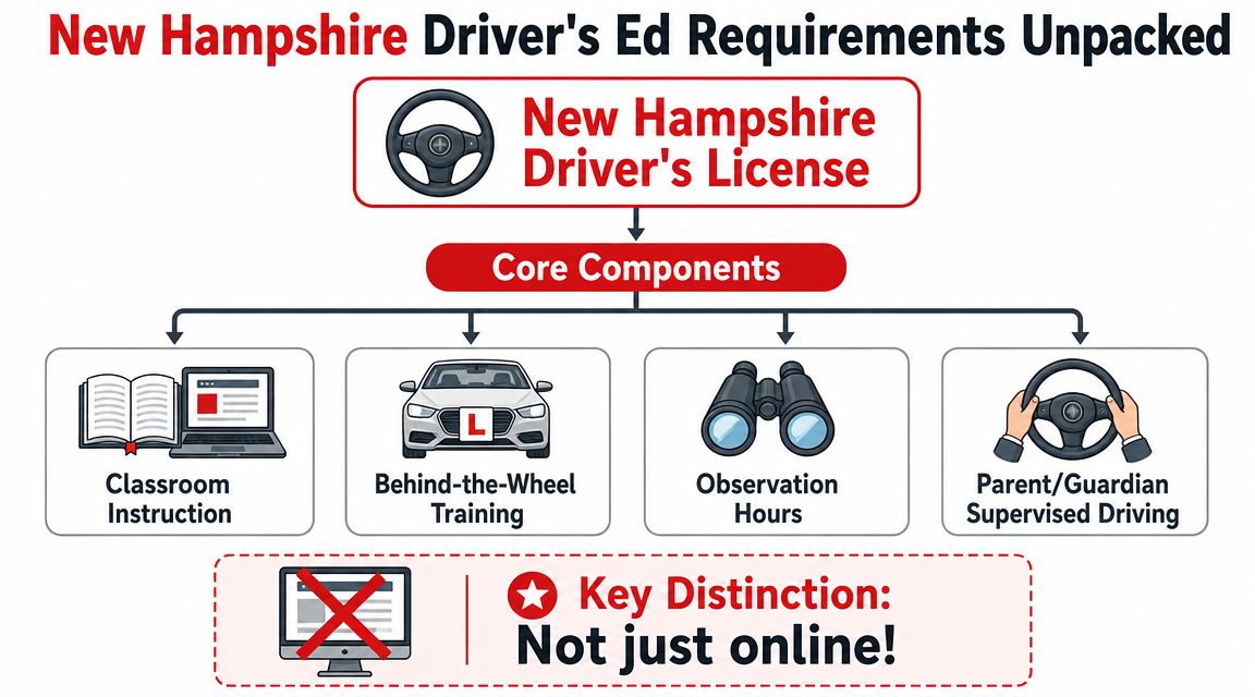 A diagram outlining the required core components for obtaining a New Hampshire driver's license, highlighting in-person requirements.
