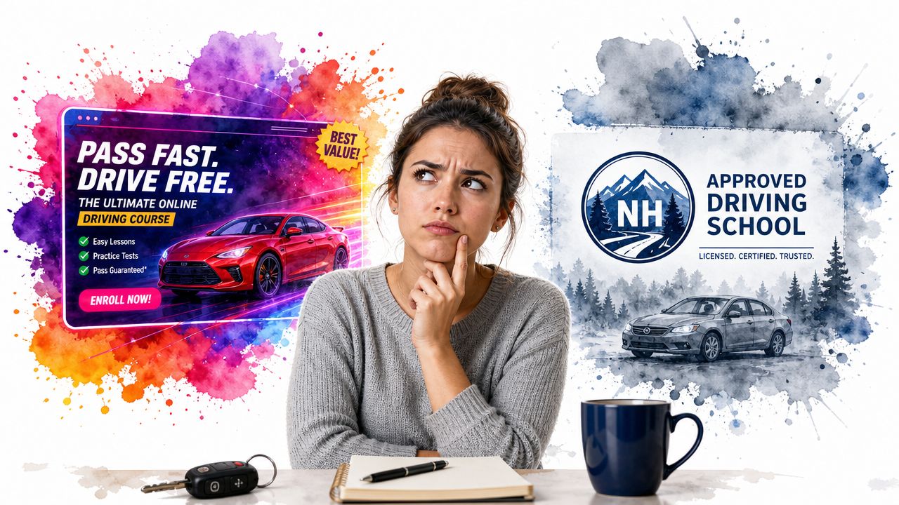 A thoughtful young woman sitting at a desk deciding between an online driving course and a local school.