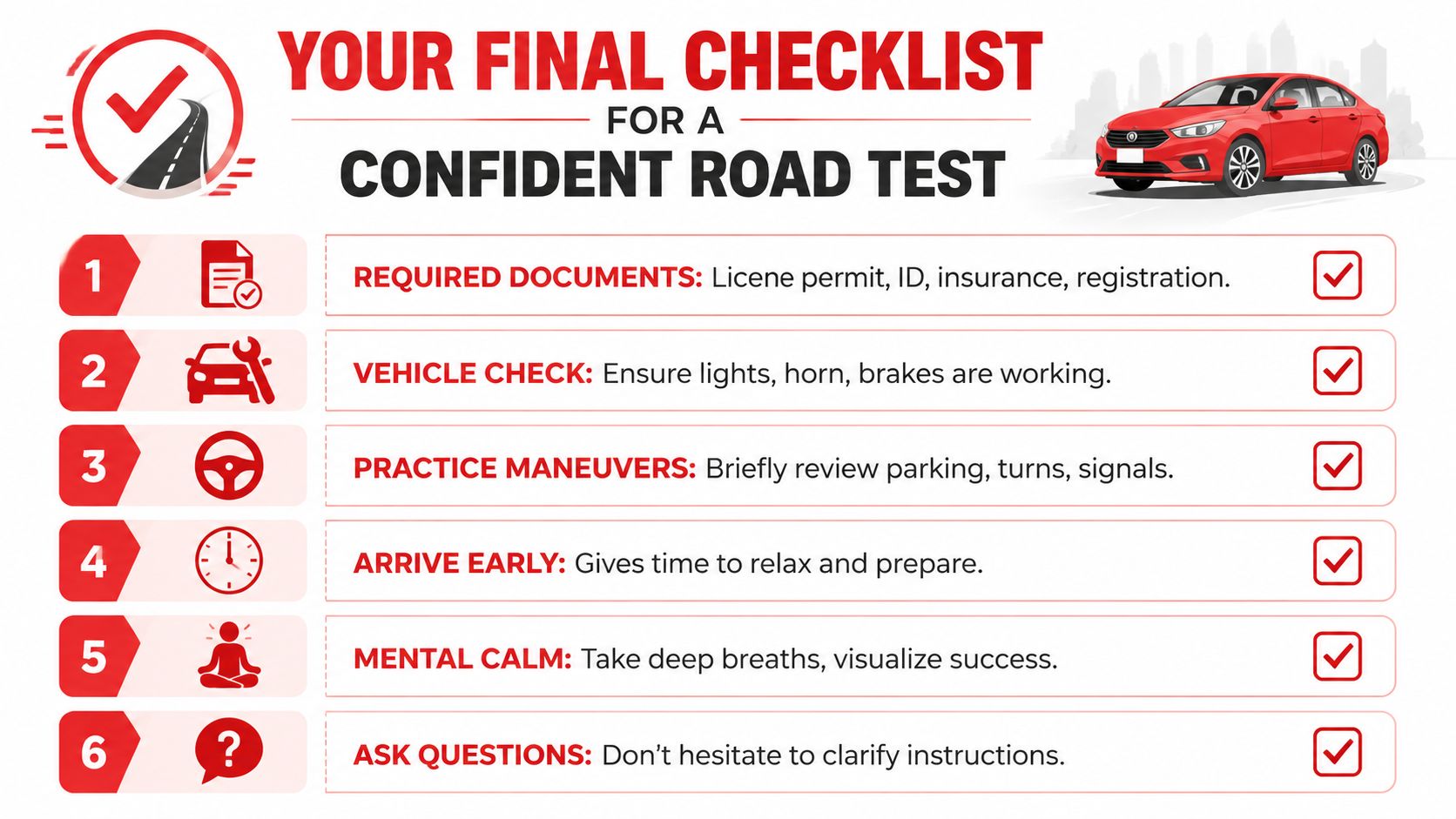 A checklist infographic titled Your Final Checklist for a Confident Road Test, displaying six essential preparation steps.