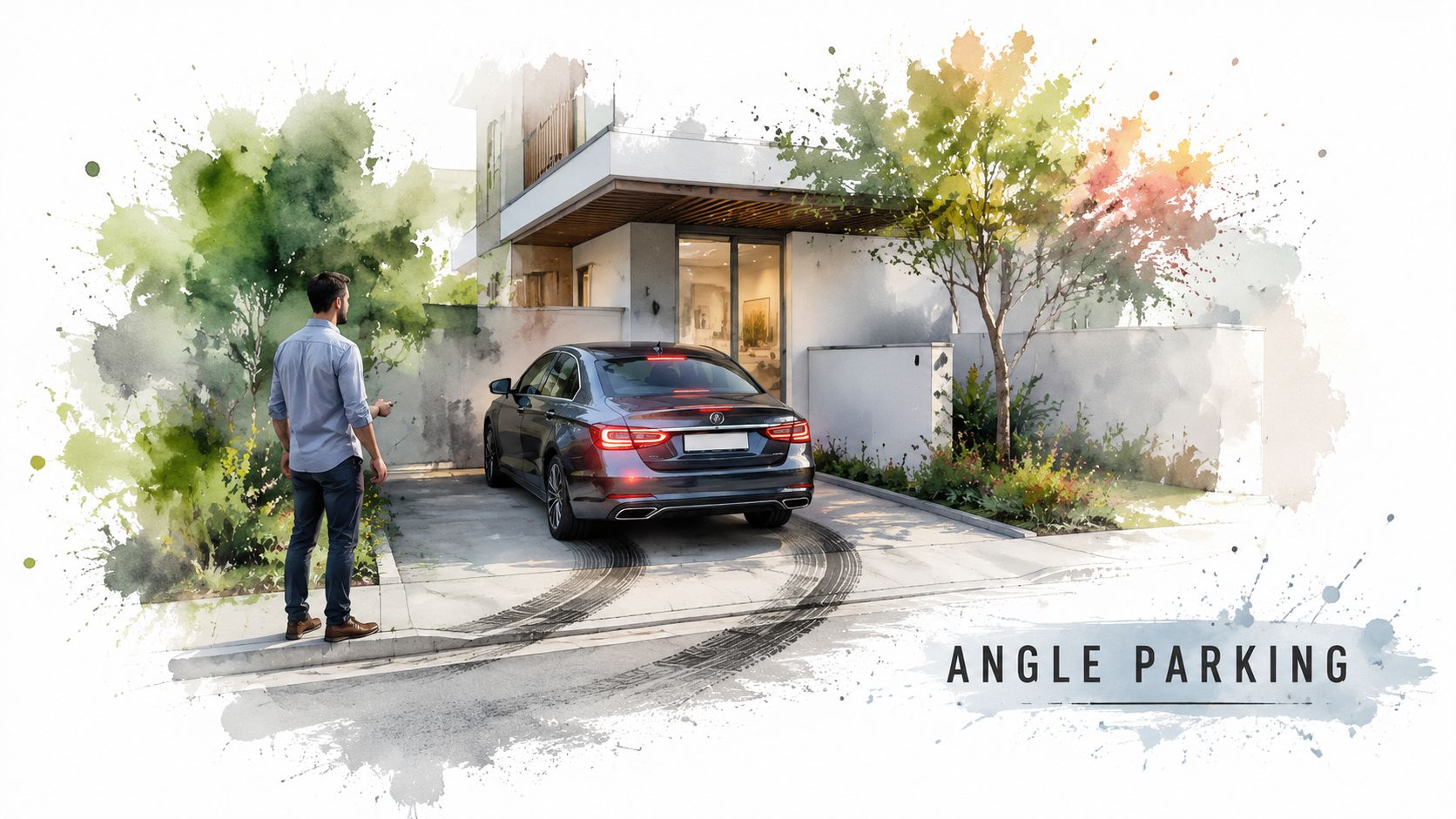 A man using a remote to park his luxury sedan using reverse parking techniques in a driveway.