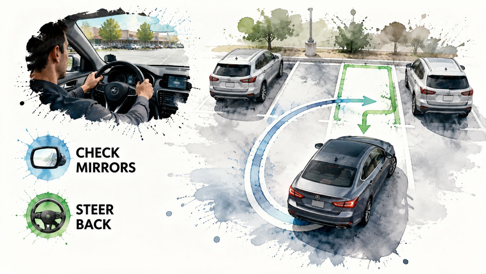 An educational illustration showing a driver performing a reverse parking maneuver into a designated parking space.