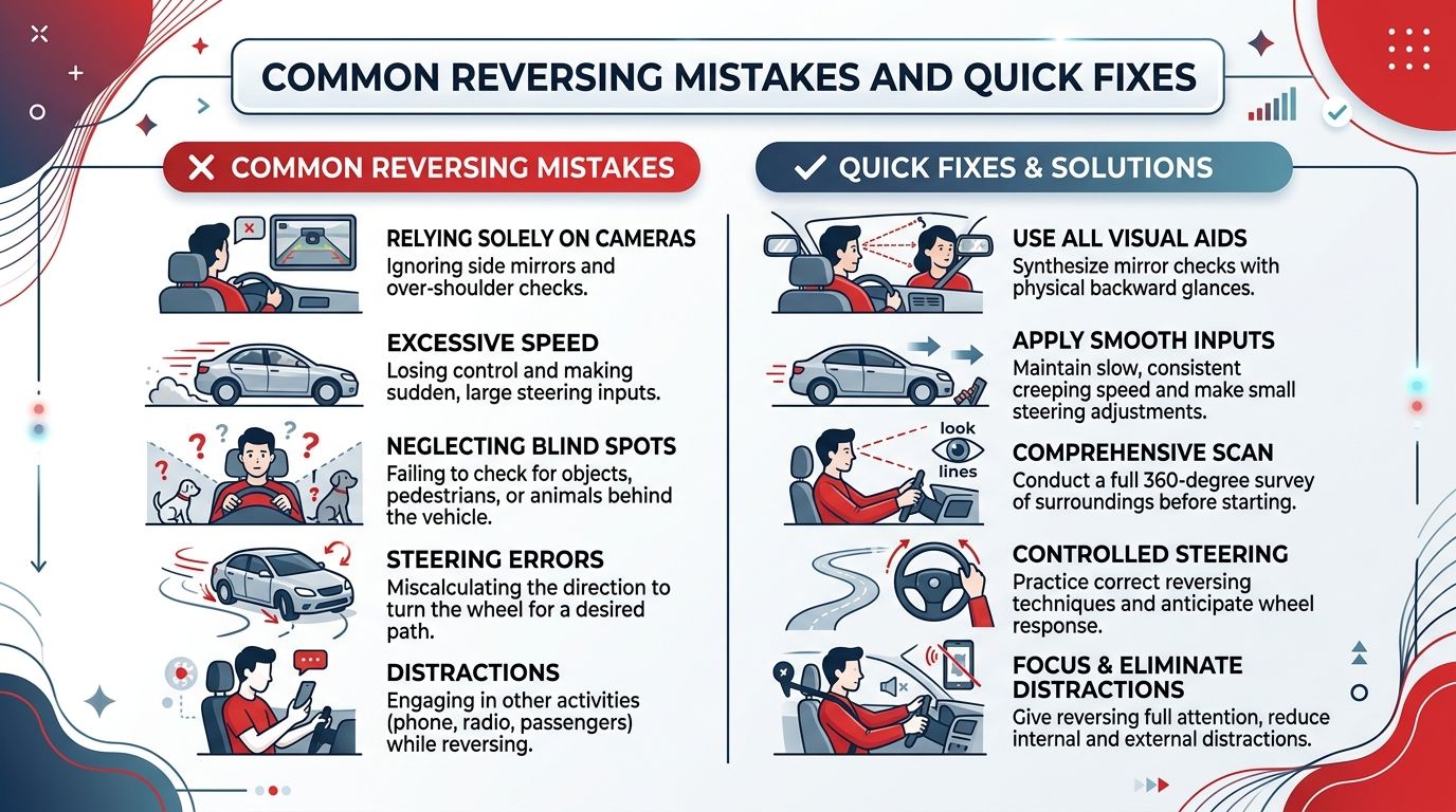 An infographic illustrating common reversing mistakes and corresponding quick fixes to improve driver safety while parking.