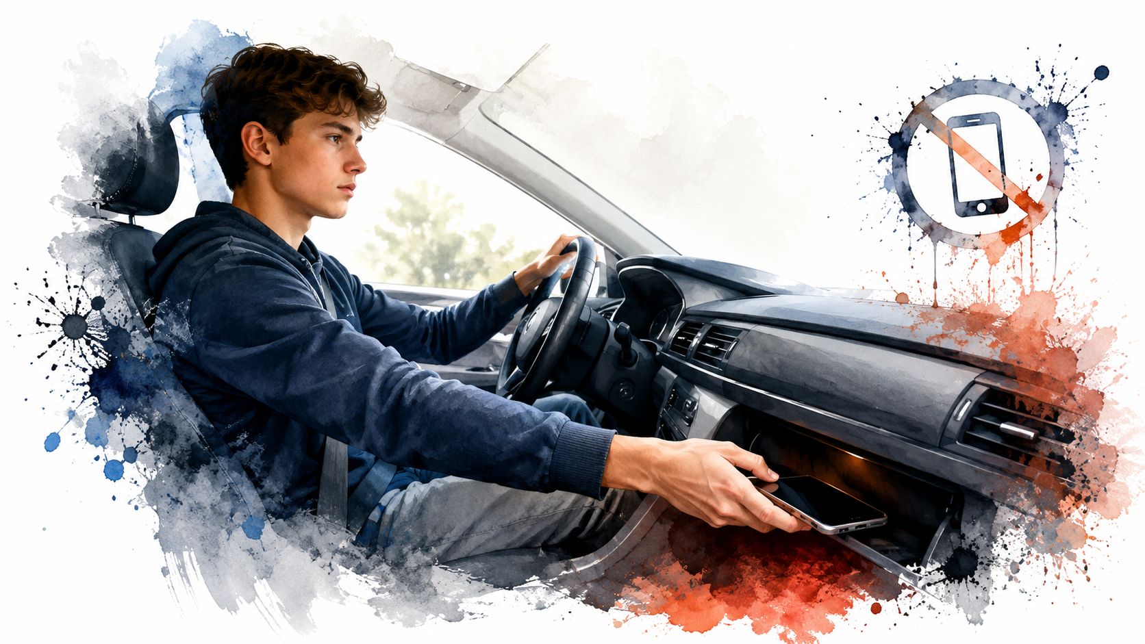 A young male driver puts his smartphone away in the car glove box for road safety.