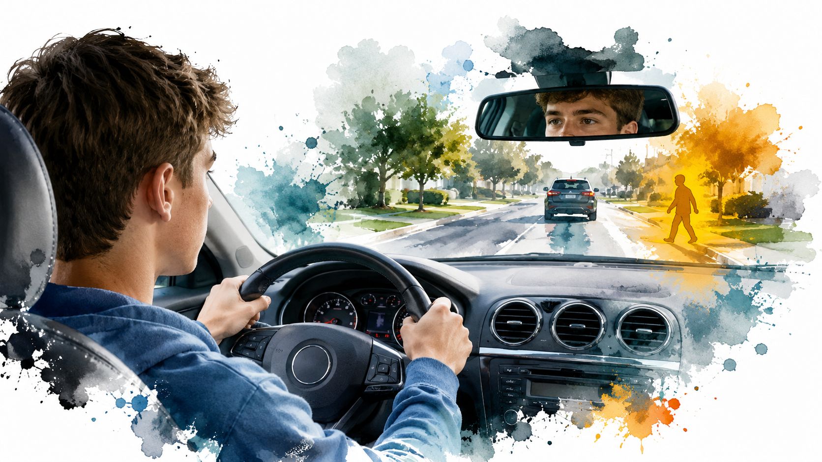 A young teen driving a car, focused on the road with a pedestrian visible ahead.