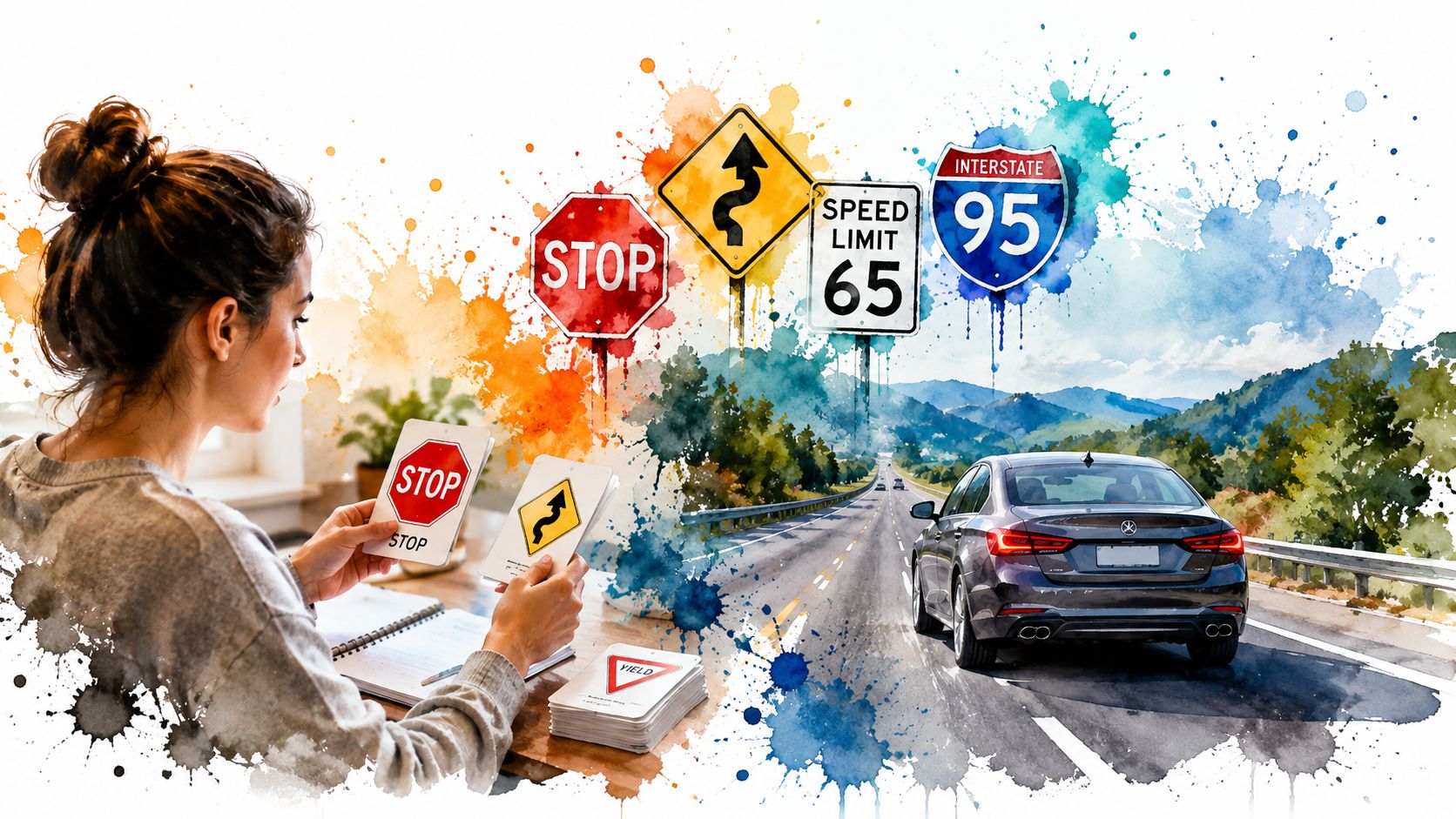 A person studying traffic signs at a desk with a watercolor road background and a modern sedan.