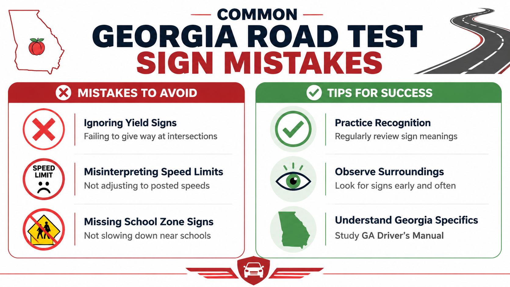 An infographic detailing common Georgia road test sign mistakes to avoid and tips for driving test success.