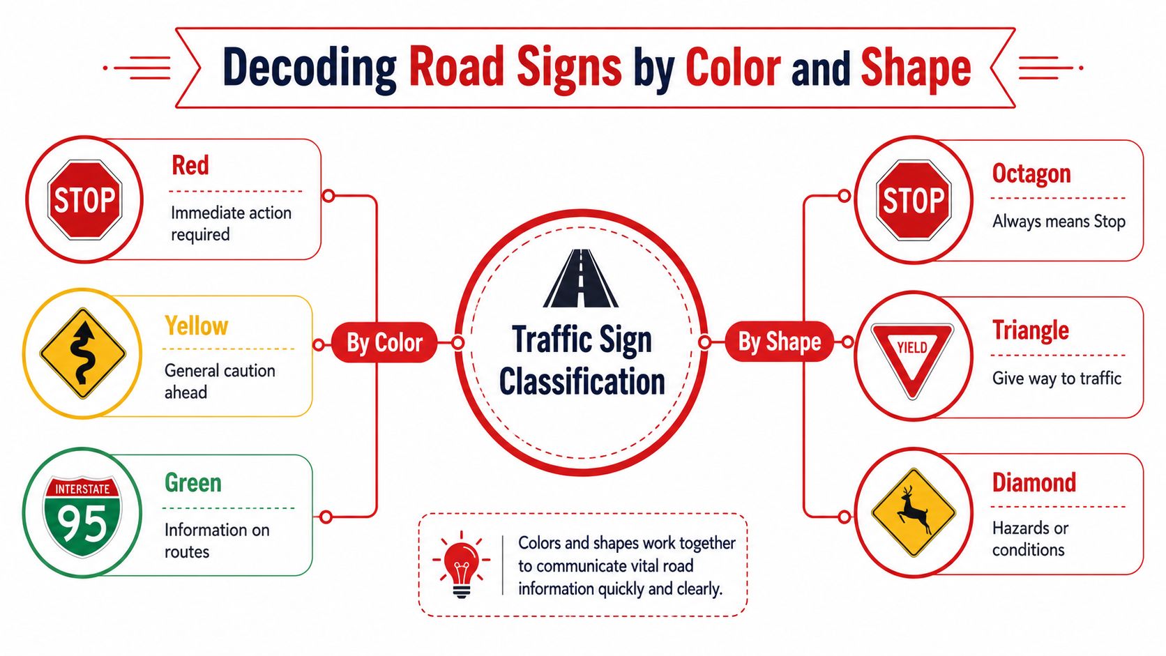An infographic titled Decoding Road Signs by Color and Shape explaining traffic sign categories for drivers.