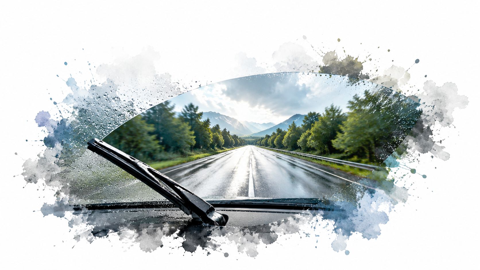 A view through a rainy car windshield with a wiper blade against a scenic mountain road background.