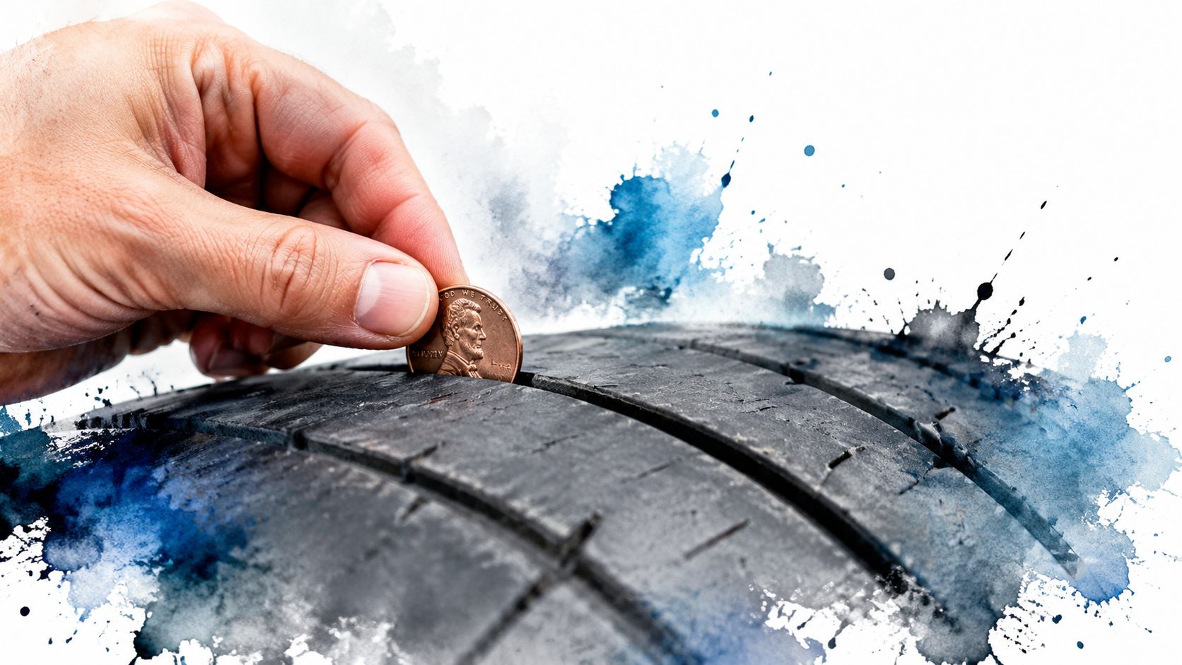 A hand holding a penny into a tire tread to perform a vehicle safety inspection.