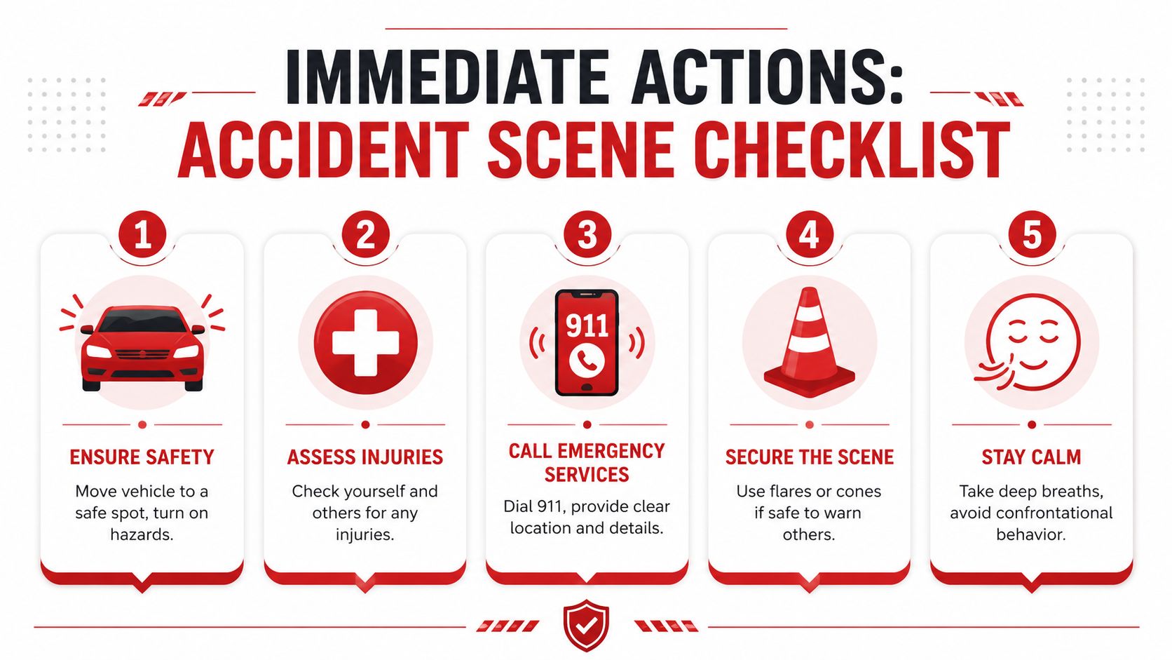 A five-step checklist for immediate actions to take at an accident scene to ensure safety.