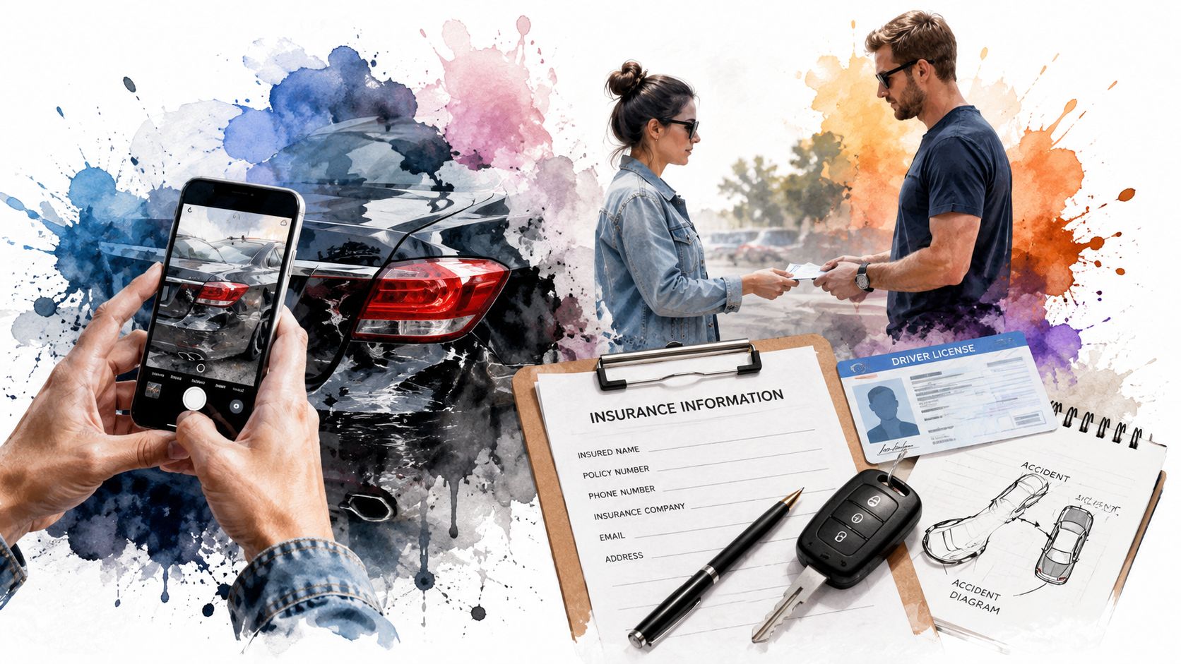 A person taking photos of a car accident while others exchange insurance information and documentation at the scene.