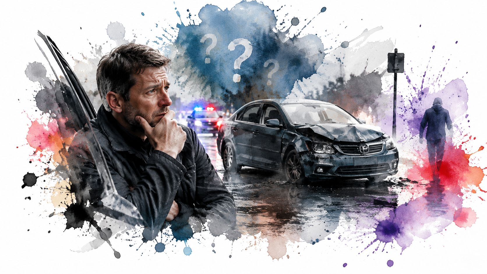 A man looking distressed near his damaged car with police lights and a figure walking away nearby.
