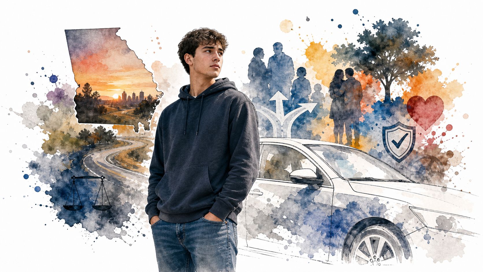A young man standing in front of symbolic watercolor illustrations representing life, driving, and career decisions.