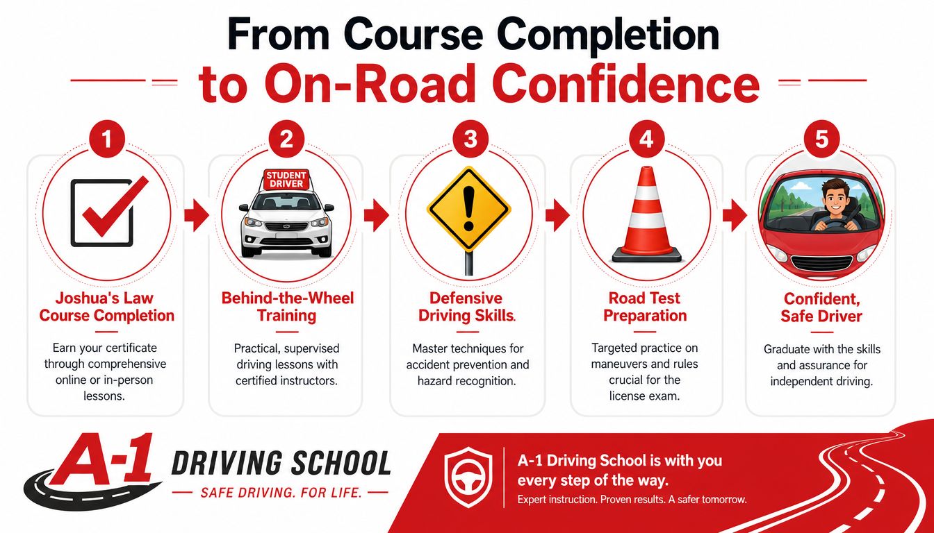 A five-step infographic showing the progression from course completion to becoming a confident, safe driver at A-1 Driving School.