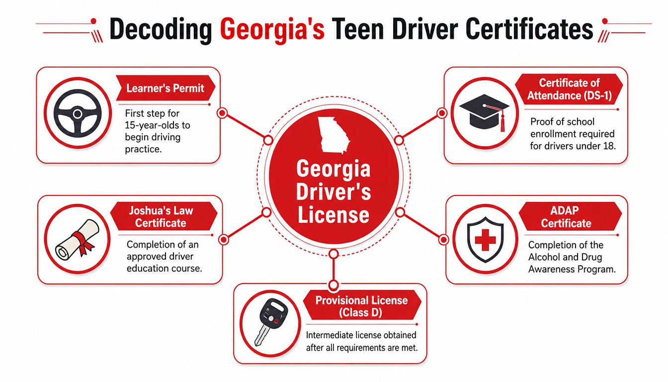 A diagram outlining the required documents and steps for obtaining a teen driver's license in Georgia.