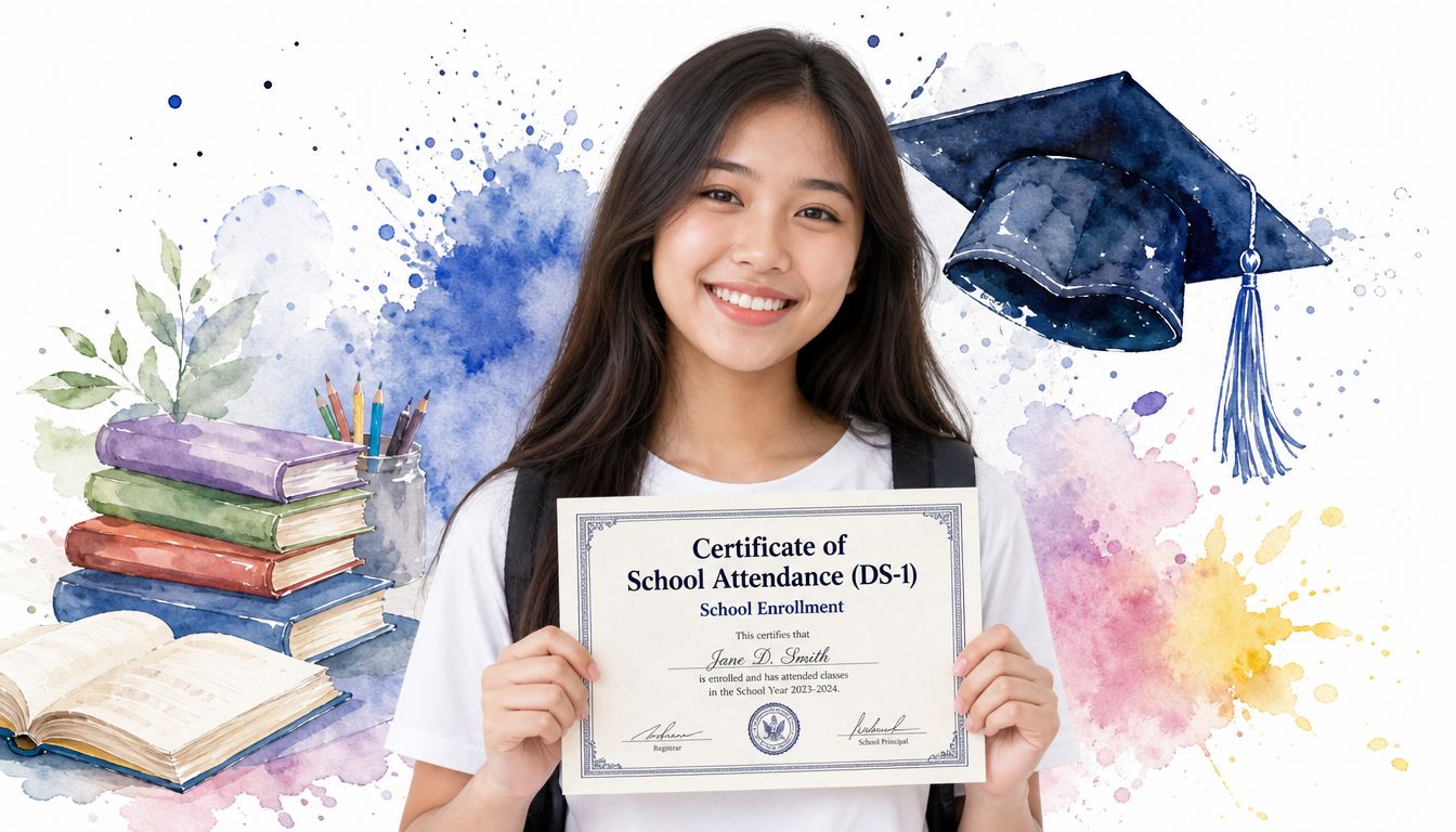A happy female student holds a Certificate of School Attendance in front of a graduation cap.