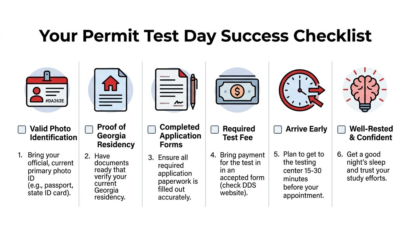 A checklist infographic titled Your Permit Test Day Success Checklist illustrating six essential steps for testing.