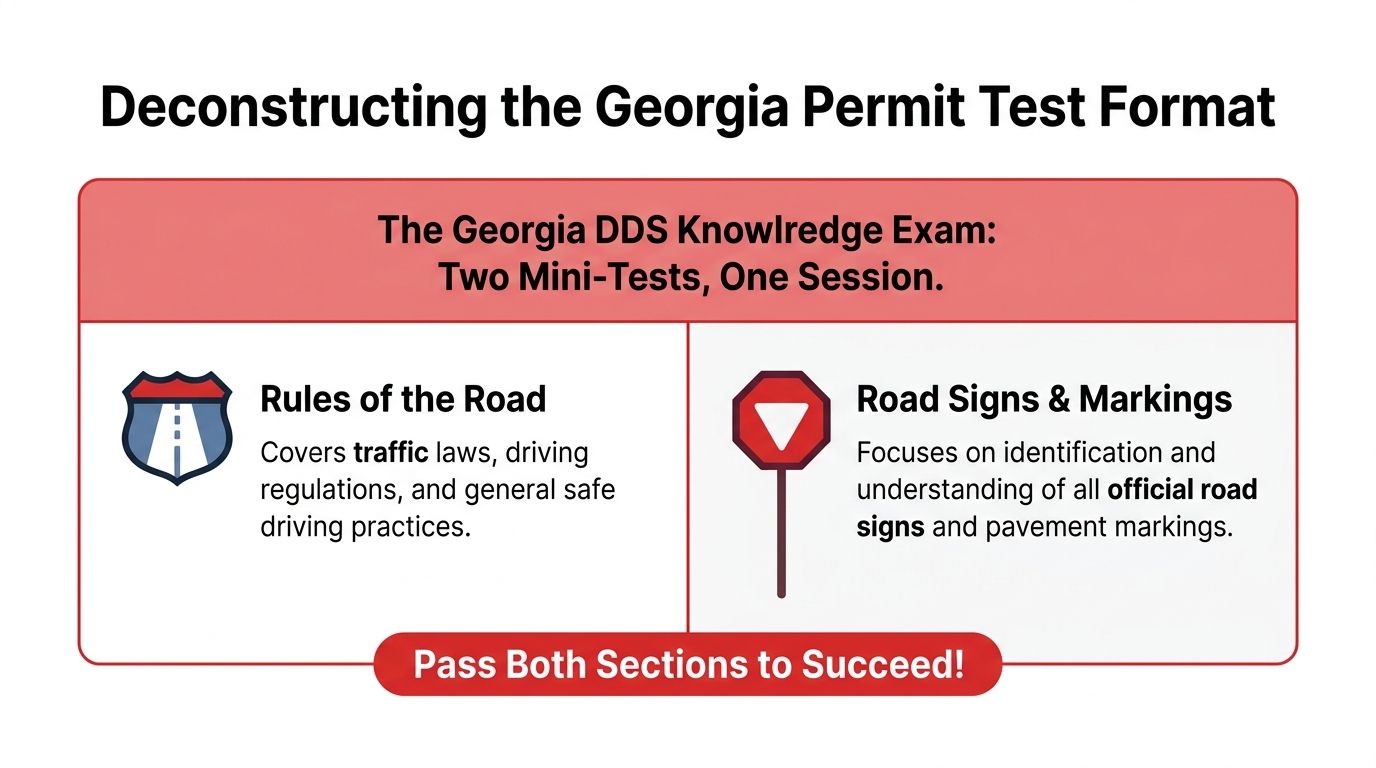 An infographic titled Deconstructing the Georgia Permit Test Format explaining the two sections of the knowledge exam.