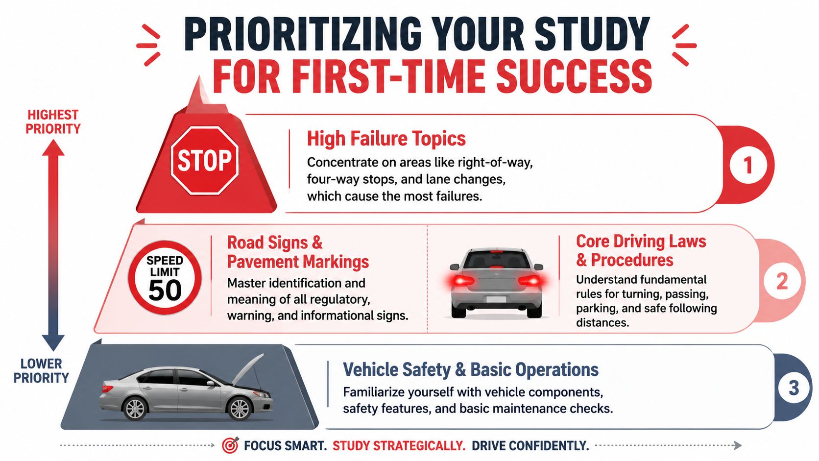 A pyramid chart showing study priorities for a driver's permit test, highlighting key driving topics and skills.