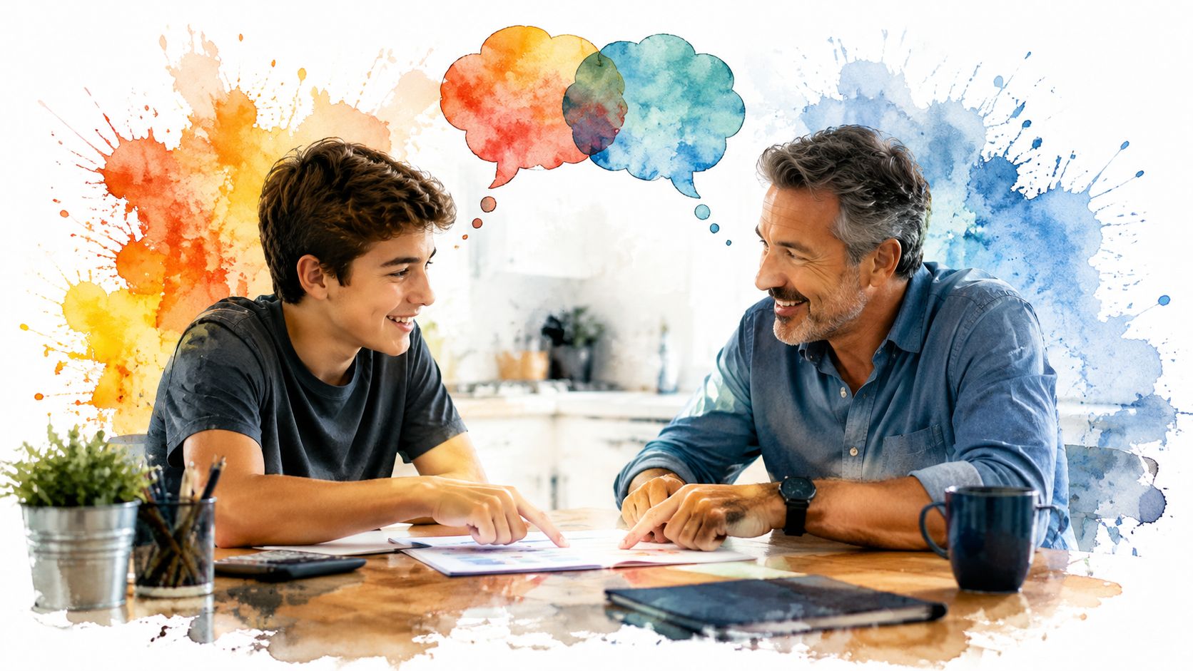 A father and son smiling while reviewing a driving contract document together at a wooden table.